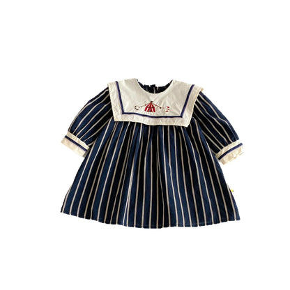 Baby Girl's Dress 2025 Autumn New Retro Children's Embroidered Dress Striped Long-sleeved Princess Dresses