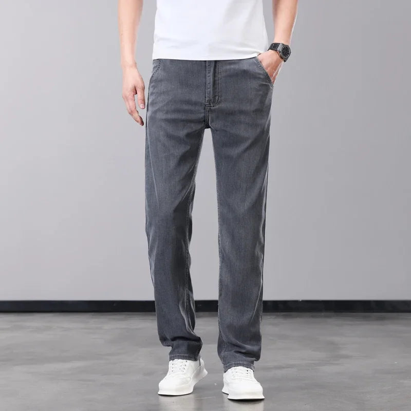 Summer Thin Men's Jeans Lyocell Fabric Soft Breathable Straight Denim Pants Brand Man Elastic Ice Silk Casual Trousers Grey Blue (Available)