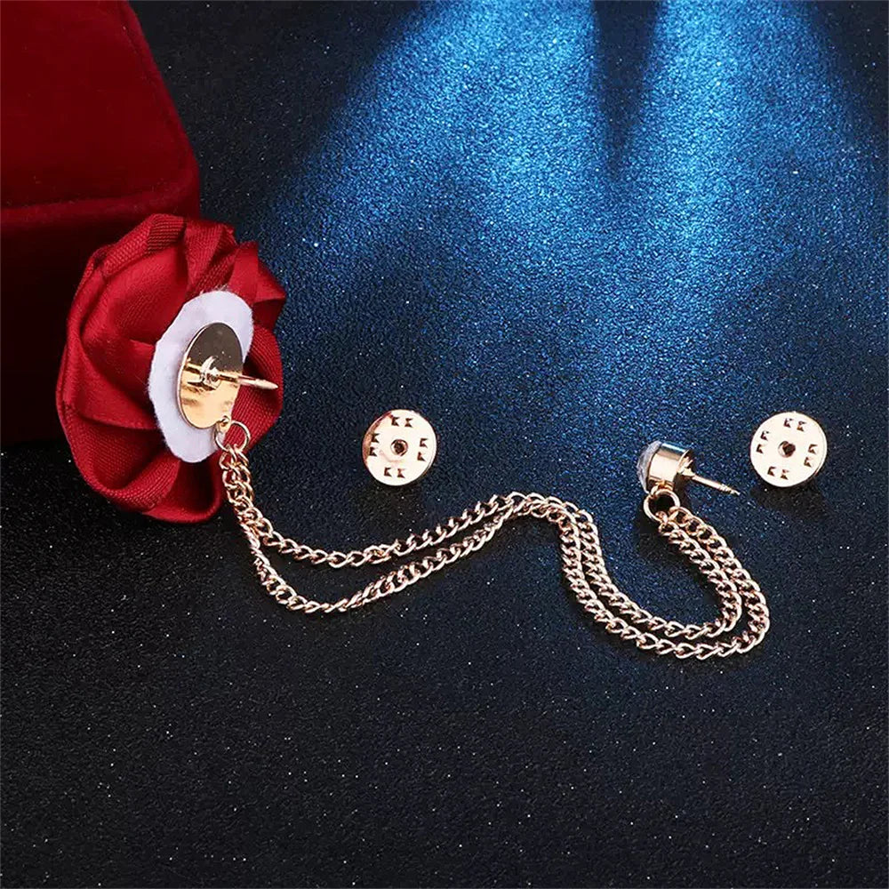 Men Wedding Brooches Cloth Art Handmade Rose Flower Brooch Lapel Pin Badge Tassel Chain Men's Suit Accessories Groom Boutonniere