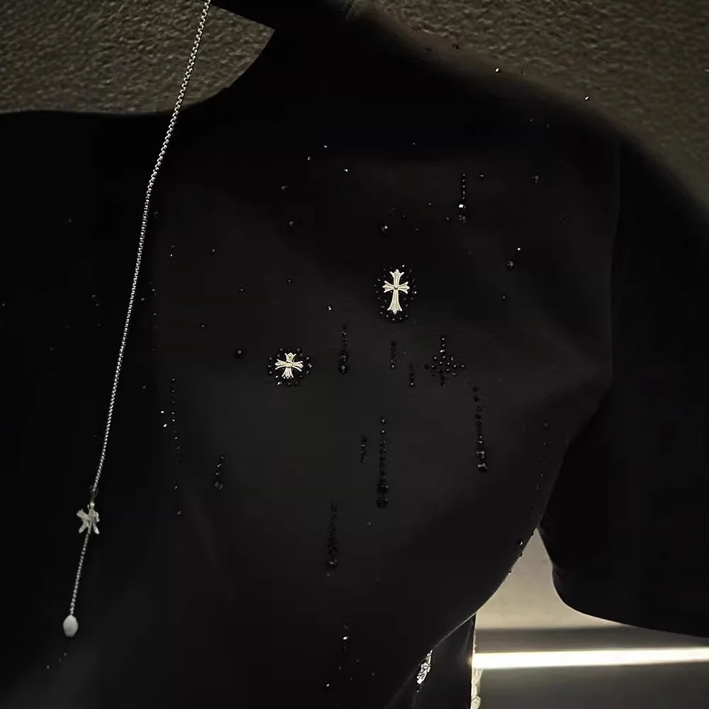 Spring New Heavy Work Light Luxury Custom Short Sleeve T-shirt Top Meteor Full Diamond T-shirt Round Neck Short Sleeve    (Available)