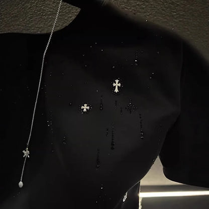 Spring New Heavy Work Light Luxury Custom Short Sleeve T-shirt Top Meteor Full Diamond T-shirt Round Neck Short Sleeve    (Available)