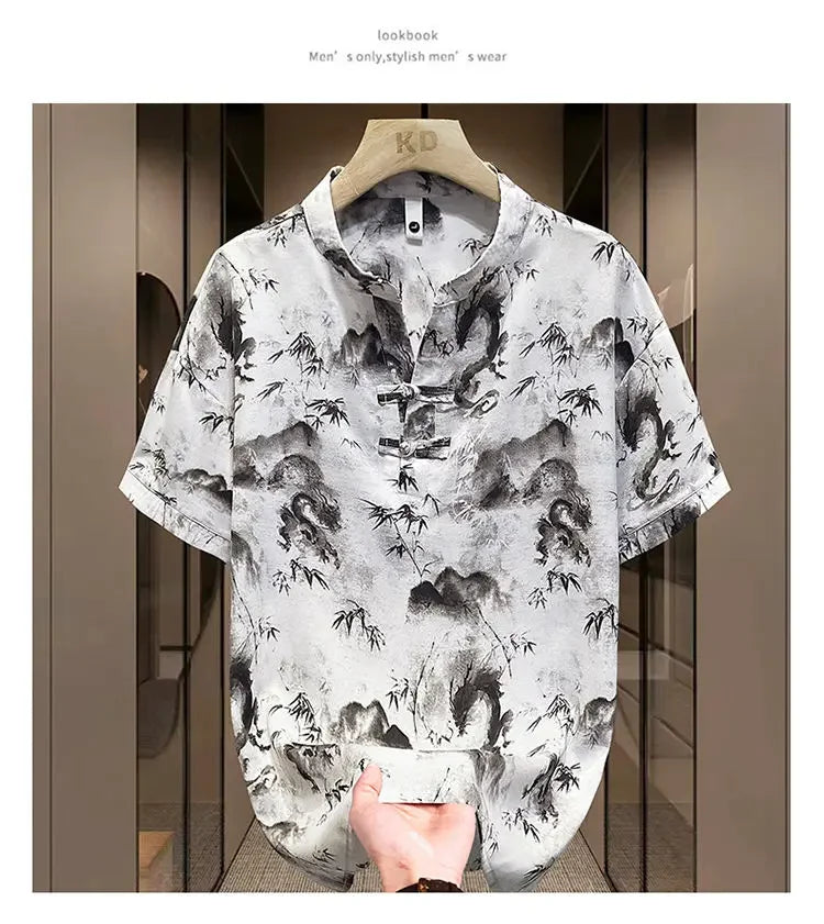 New Chinese Short-sleeved Men Trendy Versatile T-shirt in Summer Retro Stand Collar Thin Fashion Pullover (Available)