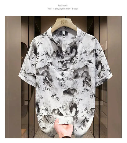 New Chinese Short-sleeved Men Trendy Versatile T-shirt in Summer Retro Stand Collar Thin Fashion Pullover (Available)