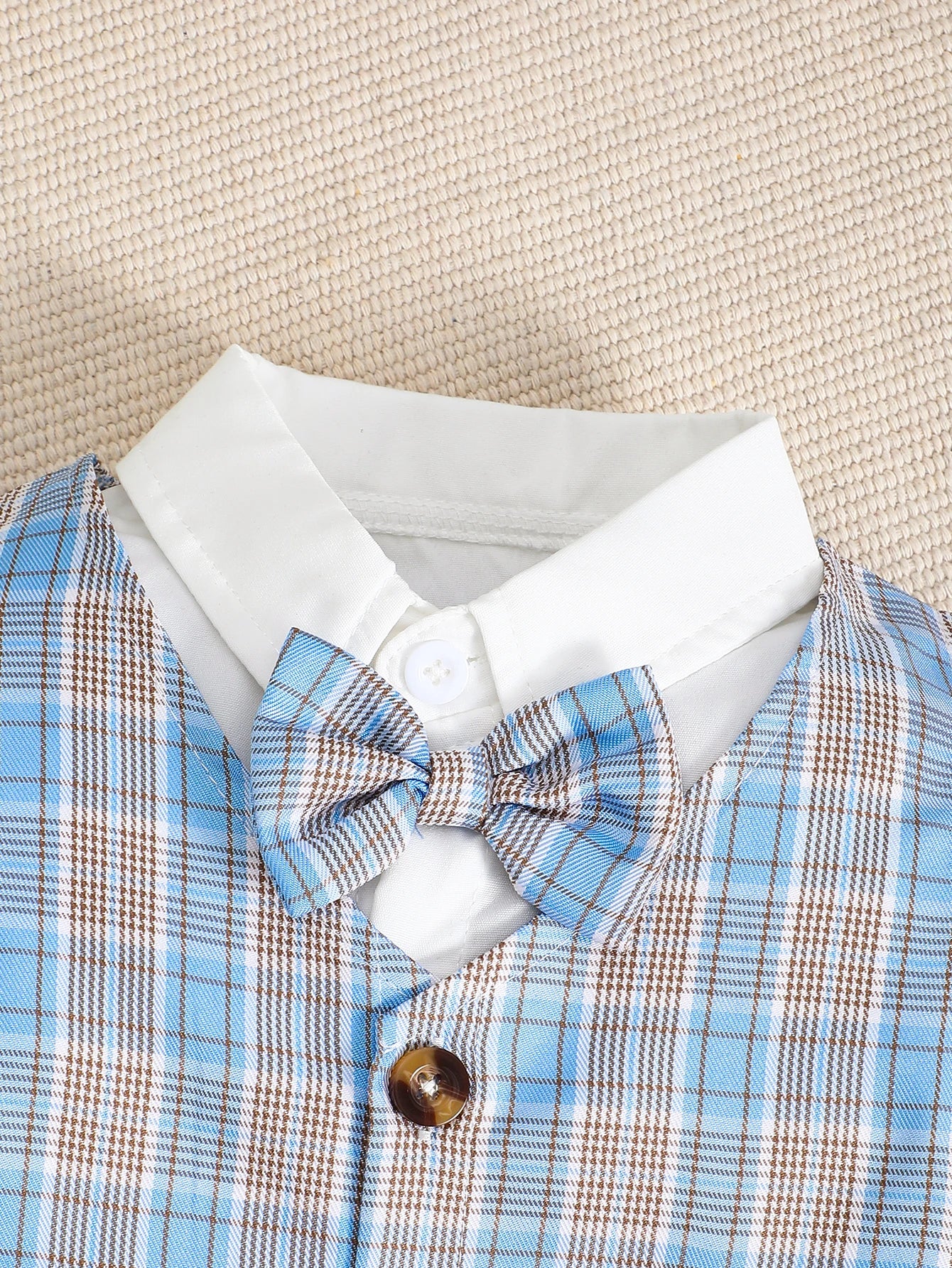 Summer 0-2 Years Old  Infant  Boys Lapel  Bow  Checkered Gentleman's Short  Sleeved  Casual  3 Pieces Suit