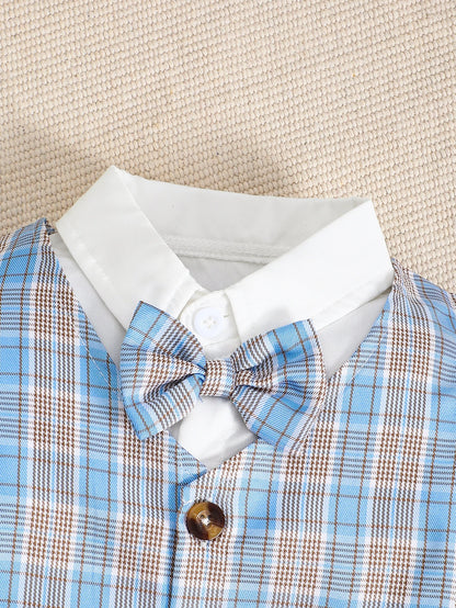 Summer 0-2 Years Old  Infant  Boys Lapel  Bow  Checkered Gentleman's Short  Sleeved  Casual  3 Pieces Suit