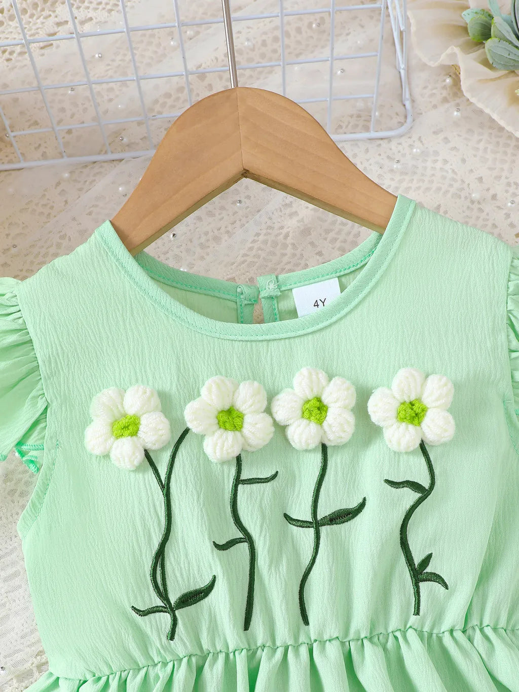 Summer Green Dress for Girls 1-6Years Sleeveless A-Line Children's Dresses with 3D Woolen Flower+Small Satchel Holiday Clothes