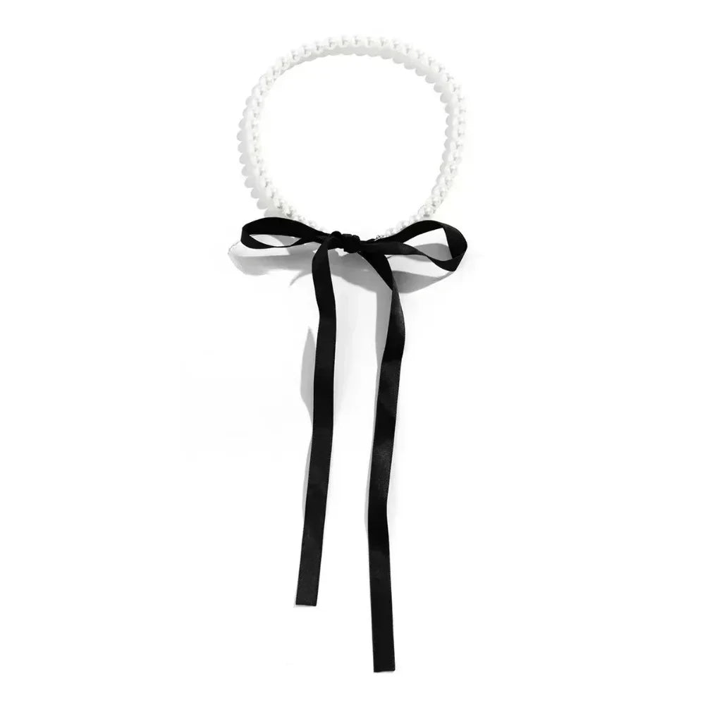 Sexy Trendy Pearl Beaded Bowknot Pendant Necklace for Women Charm Personality Black Lace Ties Collar Jewelry Accessories Gift