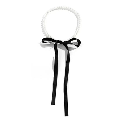 Sexy Trendy Pearl Beaded Bowknot Pendant Necklace for Women Charm Personality Black Lace Ties Collar Jewelry Accessories Gift
