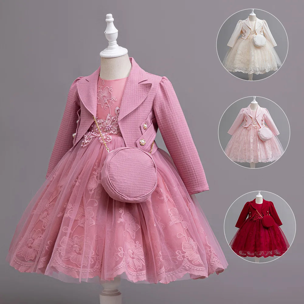 3PCS Elegant Party Dresses For Girls Fashion Lace Luxury Girl Princess Dress Children Birthday Evening Dress Wedding Prom Dress