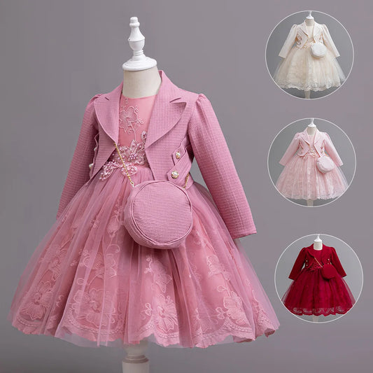 3PCS Elegant Party Dresses For Girls Fashion Lace Luxury Girl Princess Dress Children Birthday Evening Dress Wedding Prom Dress