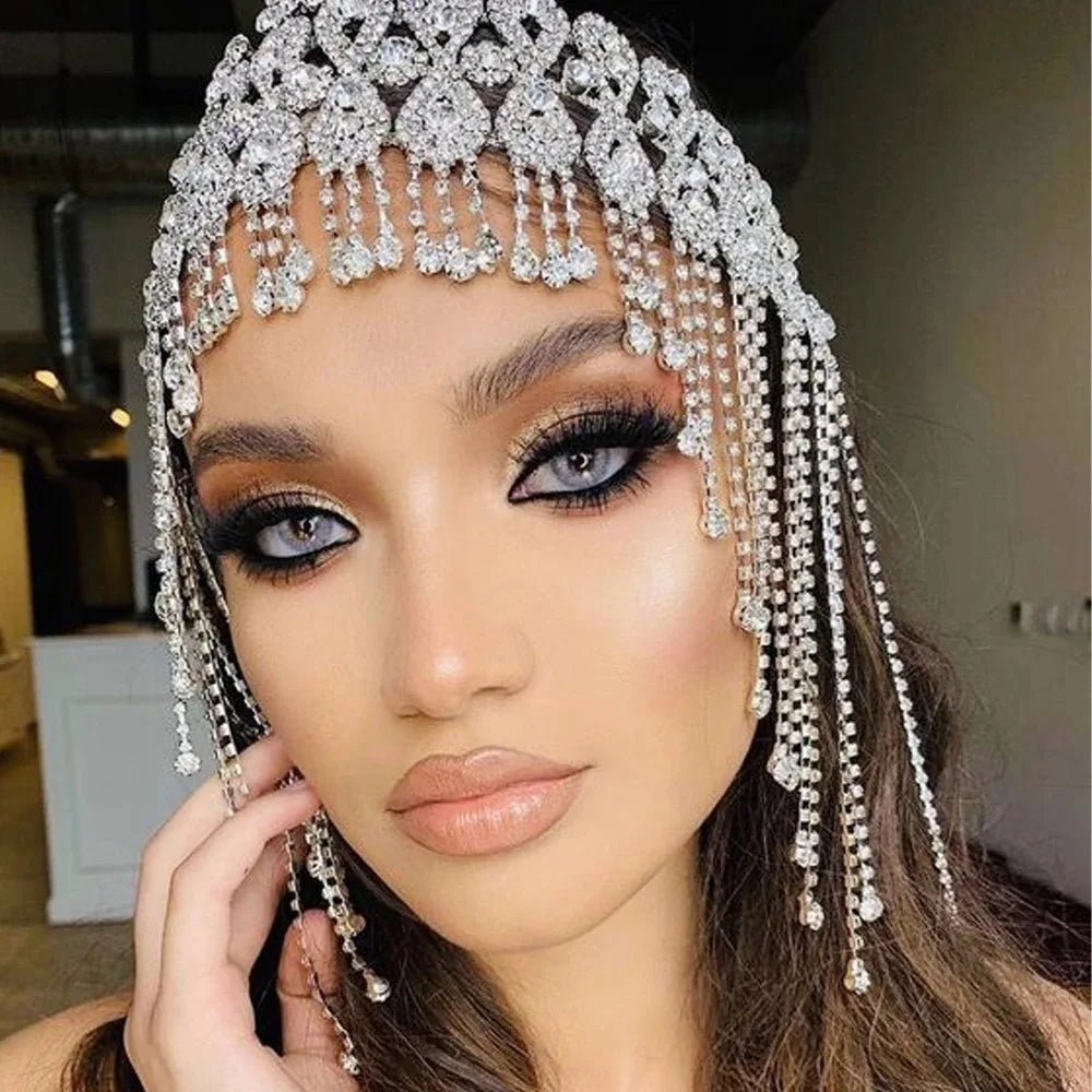 Tassel Hair Chain Accessories Bridal Headpiece for Women Tiara Rave Rhinestone Headband Full Geometric Head Chain Hat Jewelry