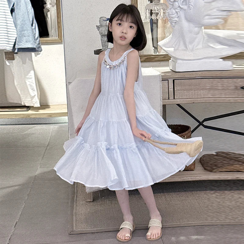 Girls Summer Dress 2025 New Halter Dresses Middle and Large Children Foreign Style Beach Dress Kids Undershirt Princess Skirt