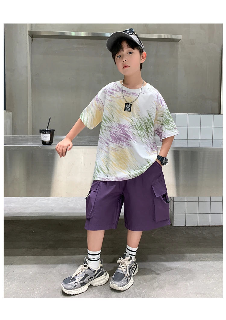 Summer  Boys Shorts Short Sleeve Shorts Handsome High Quality Leisure Sports Simple Two-piece Set.4-16year