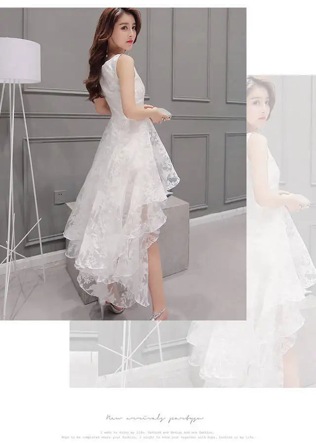 Summer High Low Retro Dress Vintage Women Sleeveless Front Back Short Long Organza Lace Dress Ladies Elegant Party Dress  (Available)