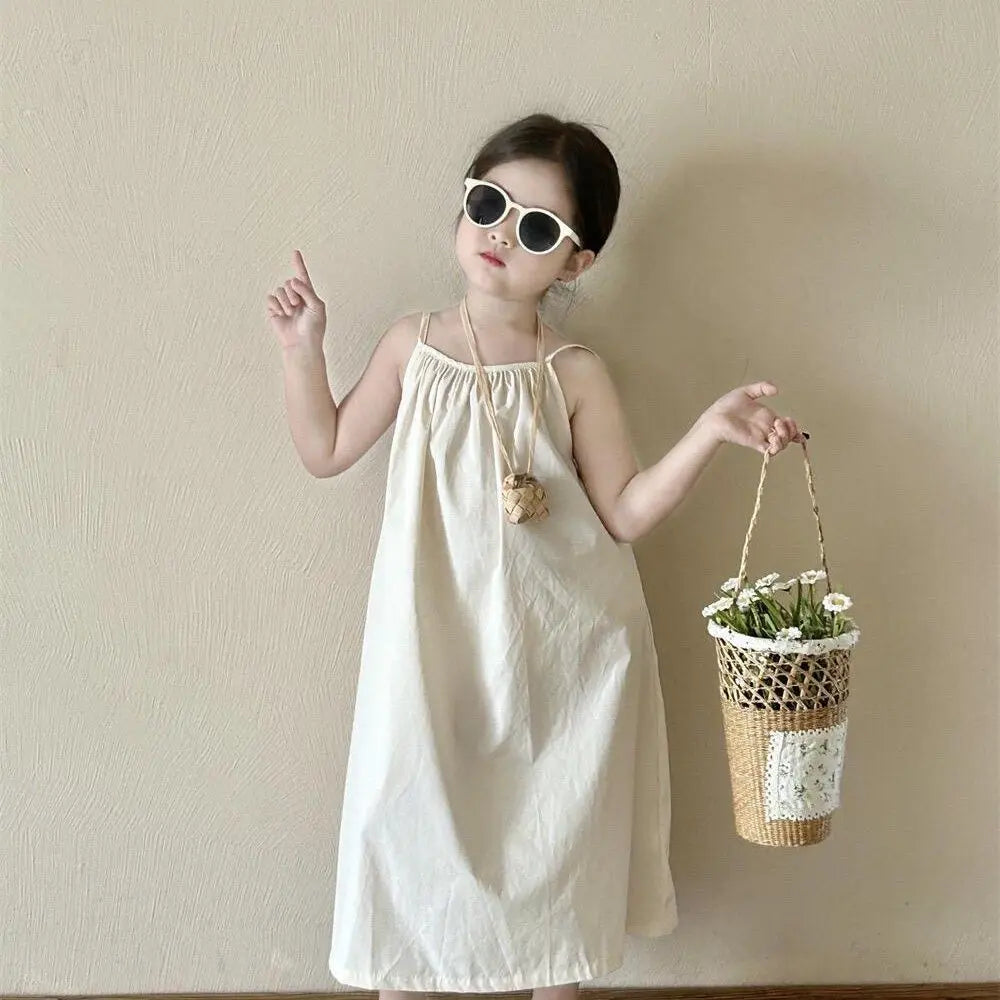 Girls' Summer Clothes Backless Camisole Dress Vacation Style Beach Cool Dress Baby Girl's Suspender Dress with A Large Skirt