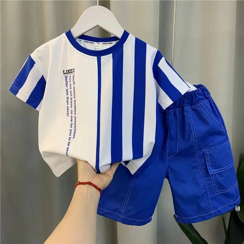 Summer Boy Clothing New Children's Clothes Set Boys Short Sleeve Striped T-Shirt+Shorts 2 Piece Set Kids 1-8T Sportswear Suit (Available)