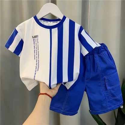Summer Boy Clothing New Children's Clothes Set Boys Short Sleeve Striped T-Shirt+Shorts 2 Piece Set Kids 1-8T Sportswear Suit (Available)