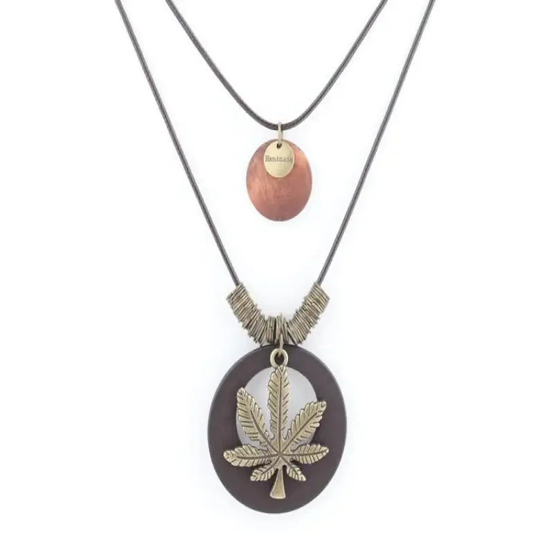 Vintage Accessories Ethnic Double-layer Round Wooden Maple Leaves Pendant Long Necklace For Women Men Sweater Chain Jewelry