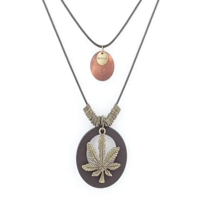 Vintage Accessories Ethnic Double-layer Round Wooden Maple Leaves Pendant Long Necklace For Women Men Sweater Chain Jewelry