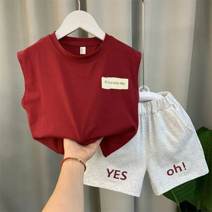 2025 New Boys Baby Girl Summer Vest Set Summer Sleeveless Fashion Boys' and Children's Handsome Two Piece Set