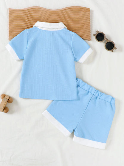 Summer Preppy Baby Boys Light Blue Matching Suit Polo Lapel Commuter Short Sleeve + Pocket Shorts Two-Piece Set