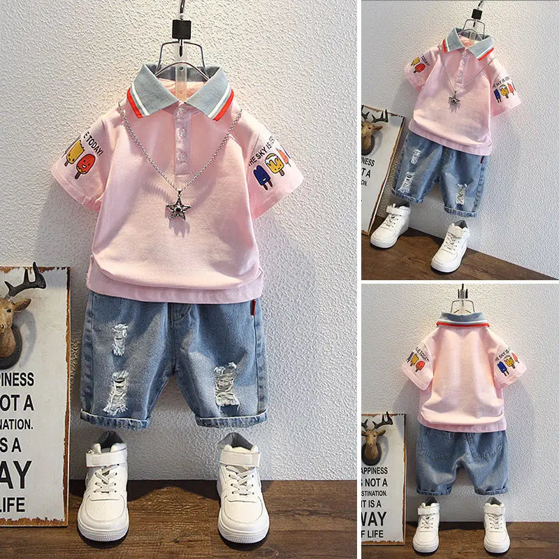 Boys 2025 Summer Outfit T-Shirt and Jeans Korean Polo Fashion 2PCS Casual Clothing Korean Reviews Top Toddler Kids Clothes Sets (Available)