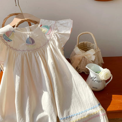 Summer Girls Flower Embroidered Dress Retro Flying Sleeve Princess Dresses 2-6 Years Children Casual Clothes Fashion Sundress
