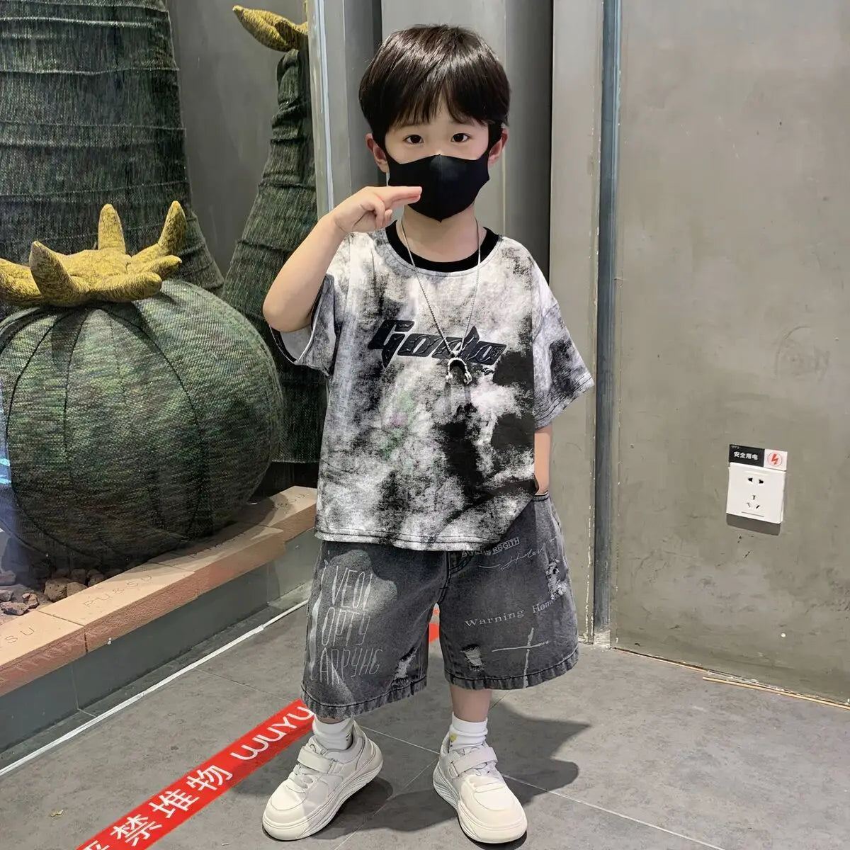 Summer Baby Boys Fashion High Quality Set Cotton Boy Short Sleeved Hole T-shirt + Denim Shorts Kids Loose Casual Clothes 2-11Y