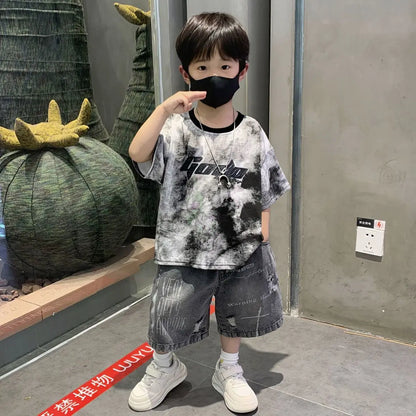 Summer Baby Boys Fashion High Quality Set Cotton Boy Short Sleeved Hole T-shirt + Denim Shorts Kids Loose Casual Clothes 2-11Y