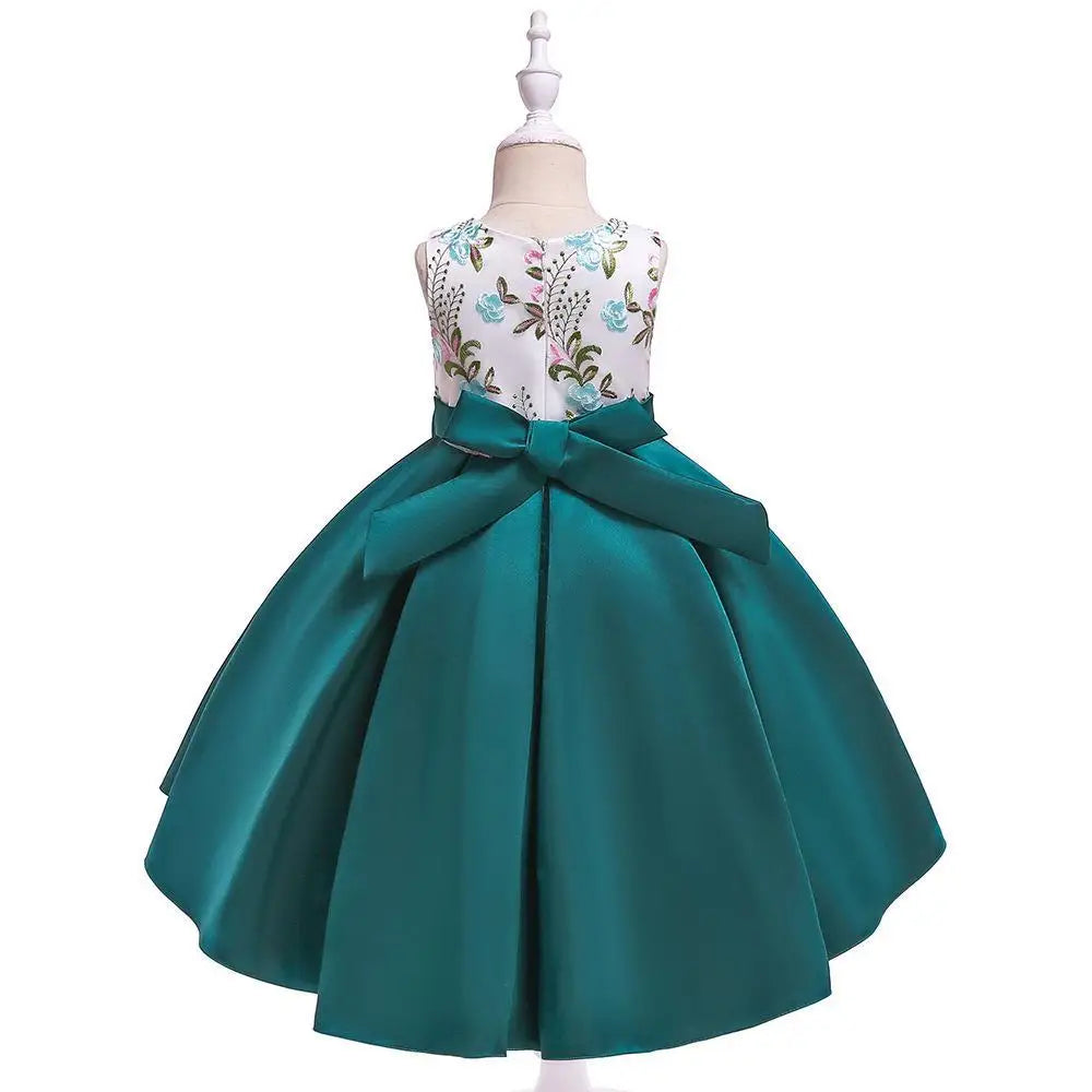 Party Prom Dress For Girls Flower Embroidery Princess Dresses Children Satin Bow Dovetail Dress For Kids Birthday Wedding Gown