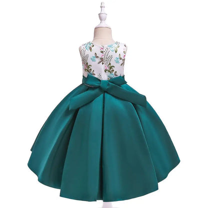 Party Prom Dress For Girls Flower Embroidery Princess Dresses Children Satin Bow Dovetail Dress For Kids Birthday Wedding Gown