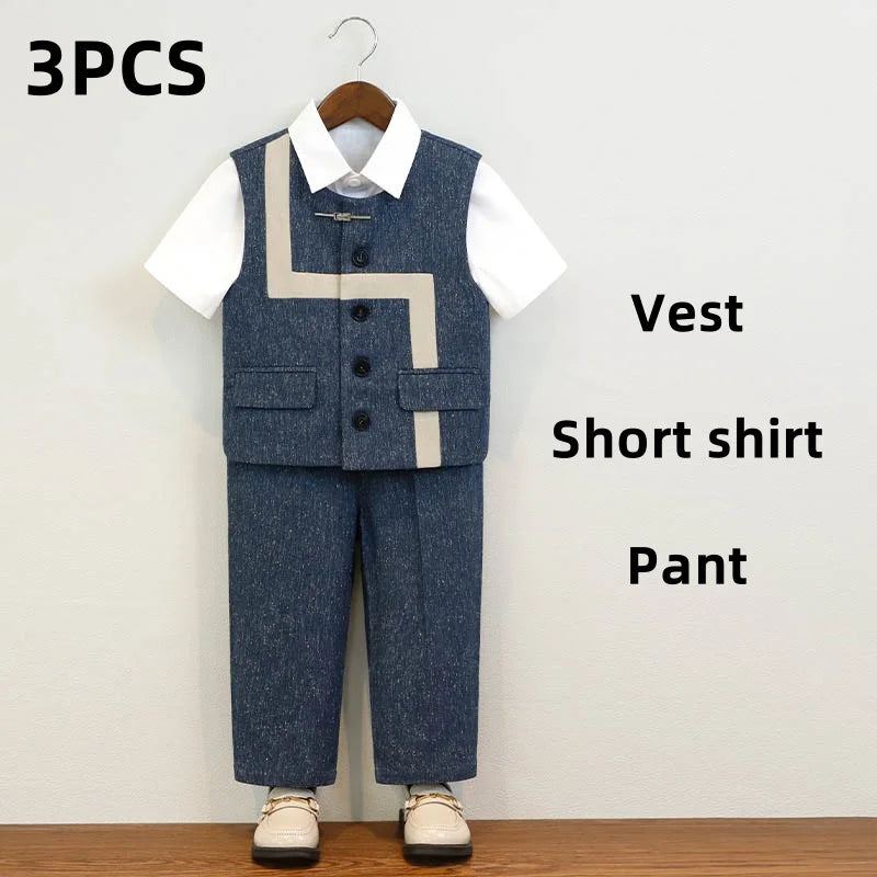 Summer Children Boys Suit Set Stylish Flower 1-10Y Boys Formal Wedding Suit Outfit Spliced Kids Baby Boys Vest Shirt Shorts Suit