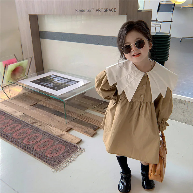 Girl Dress Spring 2023 New Retro Van Doll Pointed Collar Girl's Dress Long Sleeve Khaki Princess Dress Sweet Casual Dress
