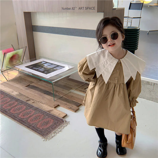 Girl Dress Spring 2023 New Retro Van Doll Pointed Collar Girl's Dress Long Sleeve Khaki Princess Dress Sweet Casual Dress