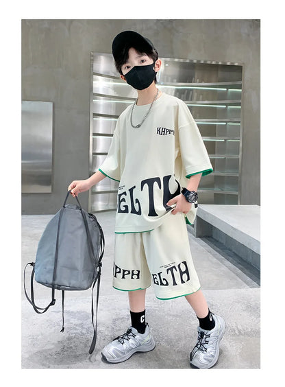 Boys Summer Letter Print Tee Shorts Two Piece Set New Big Kids Casual Wear Outfit Everyday Wear Simple Style Matching Children