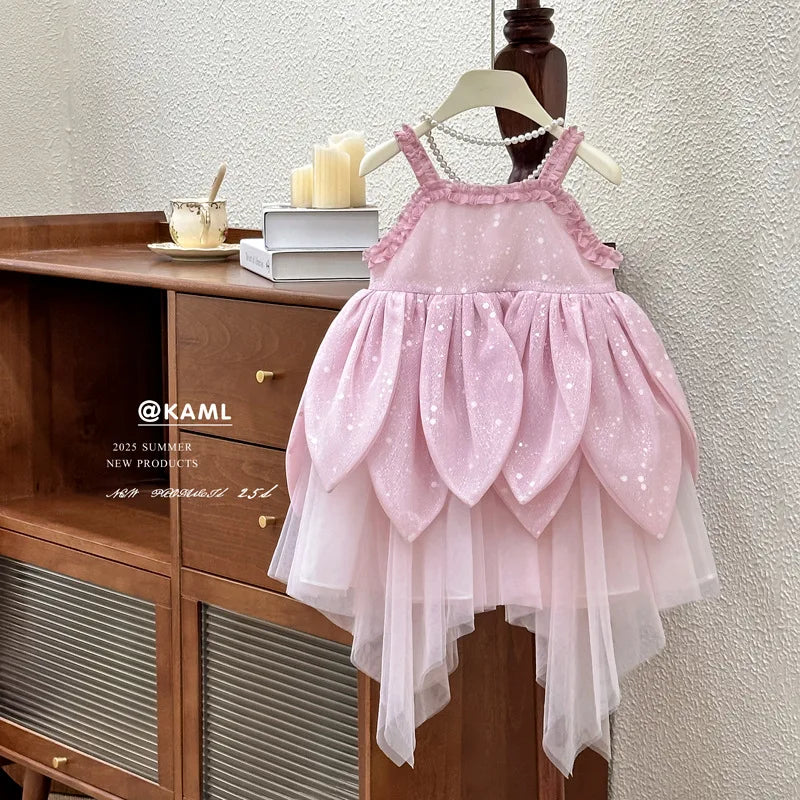 Flower Fairy Girl Dress Vest Sleeveless Shoulder Strap Suspender Princess Petal Skirt Magic Elves Halloween Dress