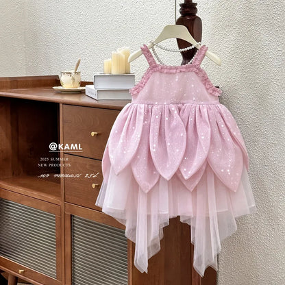 Flower Fairy Girl Dress Vest Sleeveless Shoulder Strap Suspender Princess Petal Skirt Magic Elves Halloween Dress