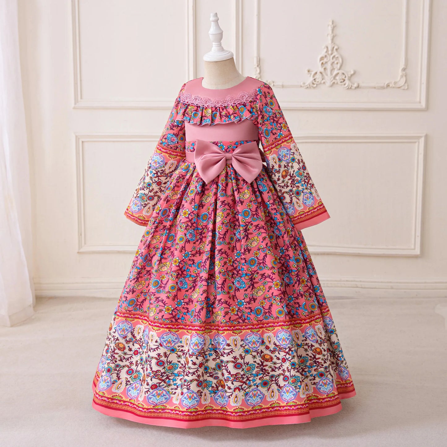 Girl Dress For Eid Arab Muslim Floral Print Long Sleeve Dress For Children Formal Pageant Party Festival Ceremonial Banquet Gown