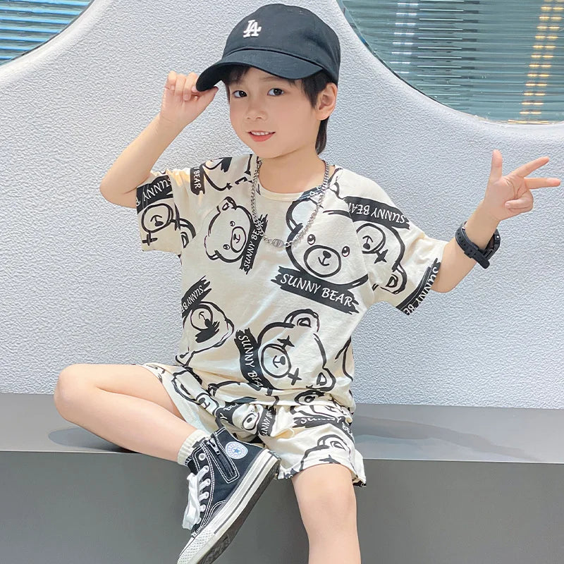 Summer Cartoon T-Shirt+Shorts 2-Piece Clothing Set Cotton Kids Boys Girls Casual Tracksuit Clothes Suits Outdoor Fashion 2-12Y