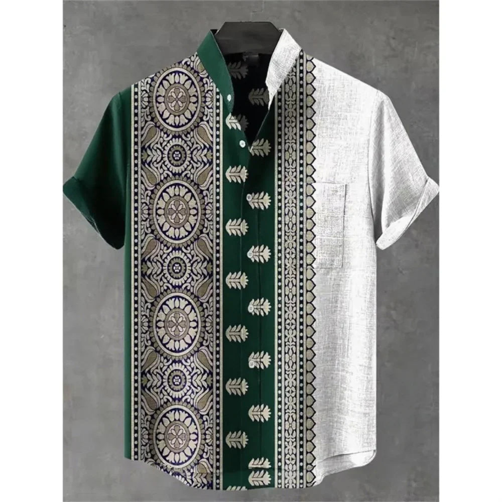 Men's summer shirt, fashionable stand up collar short sleeved cardigan, ethnic tribal printed pocket, linen breathable men's top   (Available)