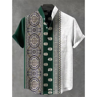 Men's summer shirt, fashionable stand up collar short sleeved cardigan, ethnic tribal printed pocket, linen breathable men's top   (Available)