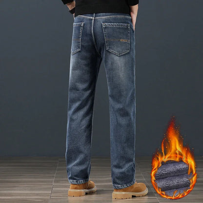 Winter Fleece Warm Men's Jeans Classic Loose Straight Plush Denim Pants Thickened Fashion Stretch Casual Thermal Trousers 42 44 (Avaialble)