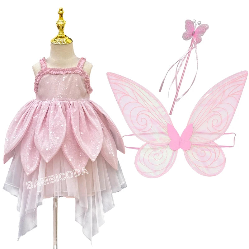 Flower Fairy Girl Dress Vest Sleeveless Shoulder Strap Suspender Princess Petal Skirt Magic Elves Halloween Dress