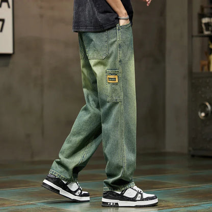 College Boys Loose Casual Pants Retro Blue Street Fashion Splicing Jeans Hiking Wide Leg Baggy Jeans Brand Men's Clothing