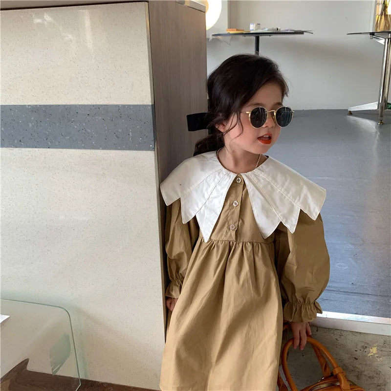 Girl Dress Spring 2023 New Retro Van Doll Pointed Collar Girl's Dress Long Sleeve Khaki Princess Dress Sweet Casual Dress