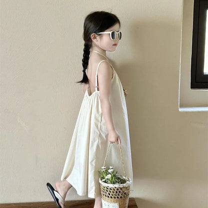 Girls' Summer Clothes Backless Camisole Dress Vacation Style Beach Cool Dress Baby Girl's Suspender Dress with A Large Skirt