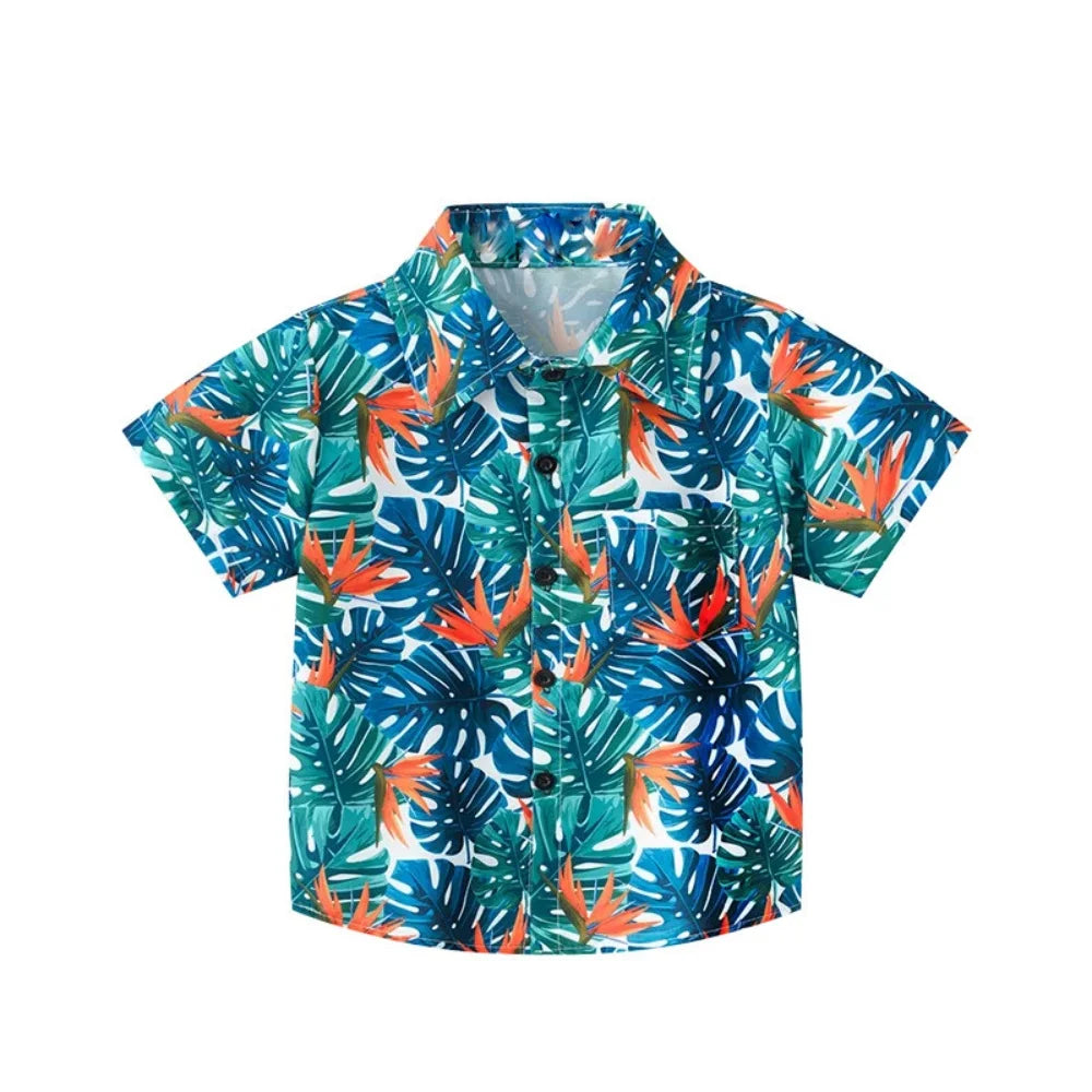 Summer Boys Shirt Hawaiian Beach Graphic Print Children's Blouse Casual Short Sleeve Holiday Lapel Top Girl Blouse Kids Clothes