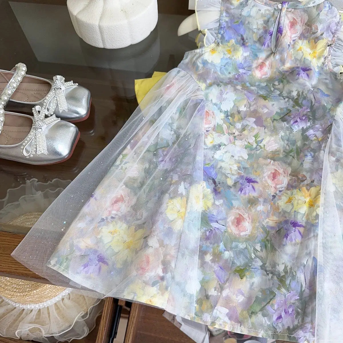 Girls Casual Dresses Girls' Floral Princess Dress with Bow Accents & Mesh Detailing - Flower Girl Party Dress