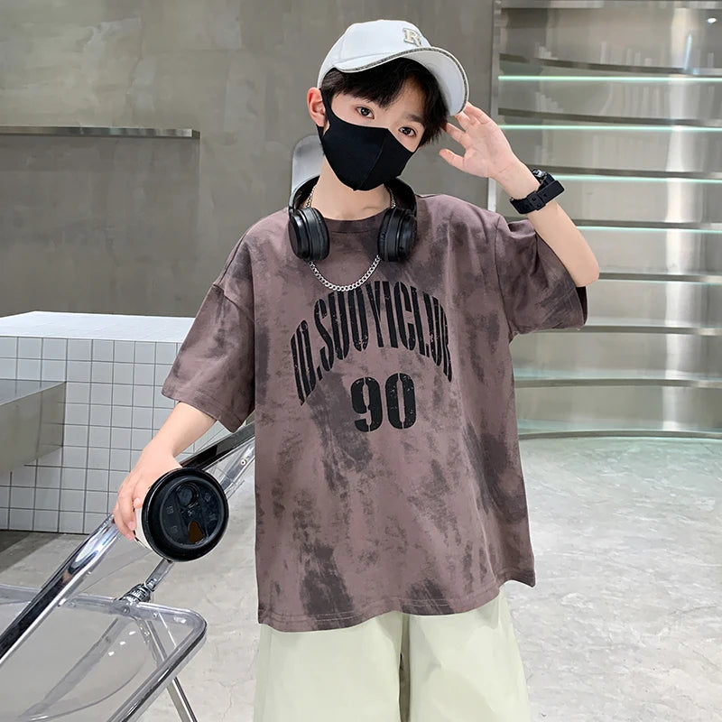 Boys Summer Clothing Top and Bottom Set For Teens Children Casual Cotton Outfit Suit Brown Color Kids Cotton Clothes Set