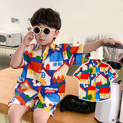 Summer Baby Boy Outfits Suit Fashion Print Kids Shirt Short Pant Sets Thin Cotton Toddler Tee Tops Children Clothes Tracksuits